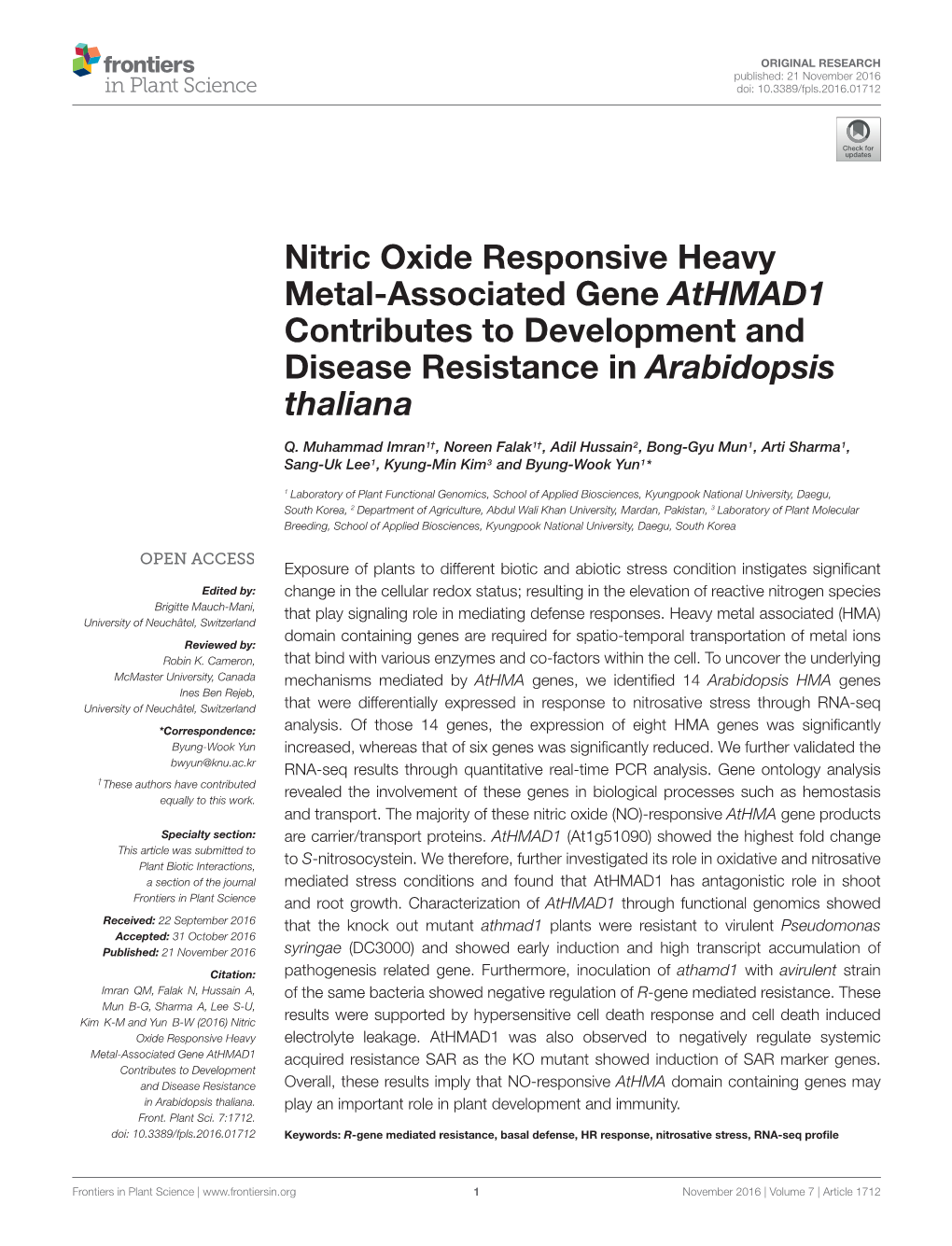 Nitric Oxide Responsive Heavy Metal-Associated Gene Athmad1 Contributes to Development and Disease Resistance in Arabidopsis Thaliana