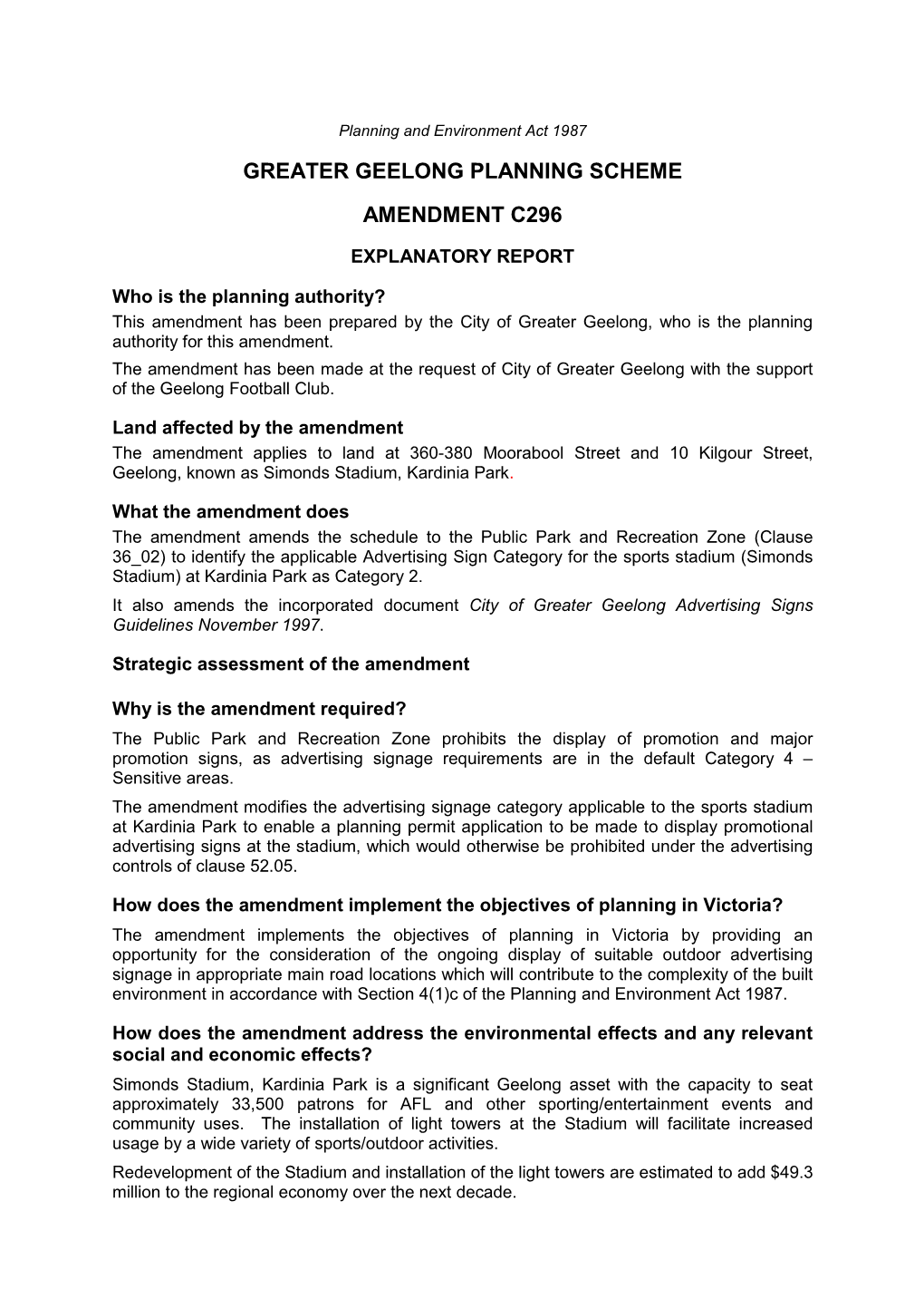 Greater Geelong Planning Scheme Amendment C296