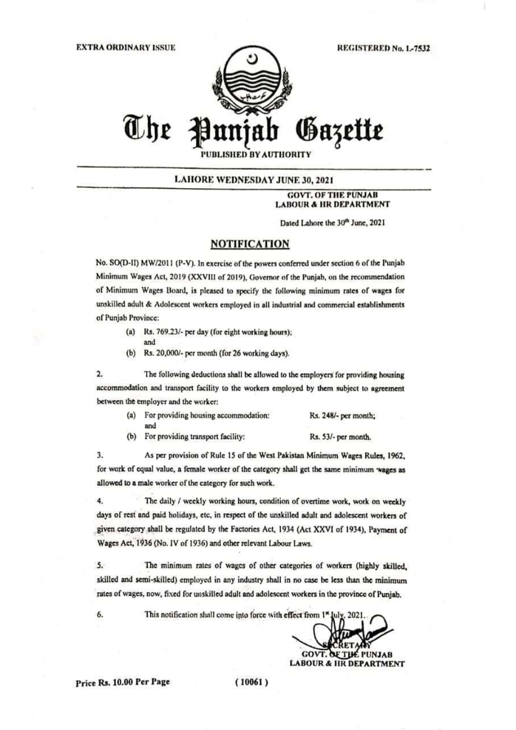 The Punjab Minimum Wages Notification 2021