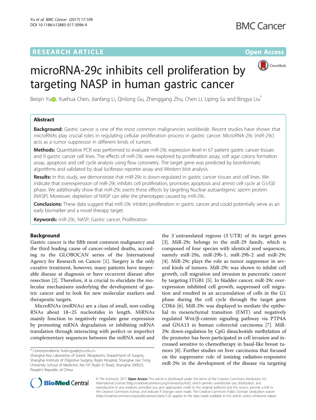 Microrna-29C Inhibits Cell Proliferation by Targeting NASP In