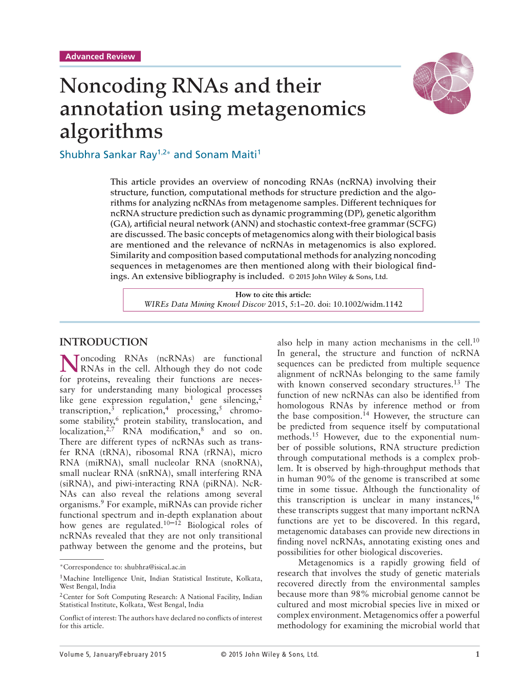 Noncoding Rnas and Their Annotation Using Metagenomics Algorithms Shubhra Sankar Ray1,2∗ and Sonam Maiti1