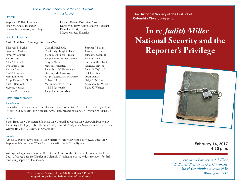 In Re Judith Miller – Justice Ruth Bader Ginsburg, Honorary Chair Elizabeth E