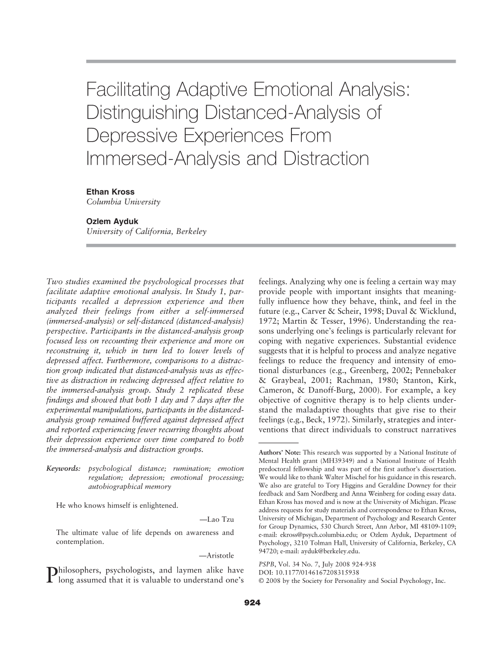 Facilitating Adaptive Emotional Analysis: Distinguishing Distanced-Analysis of Depressive Experiences from Immersed-Analysis and Distraction