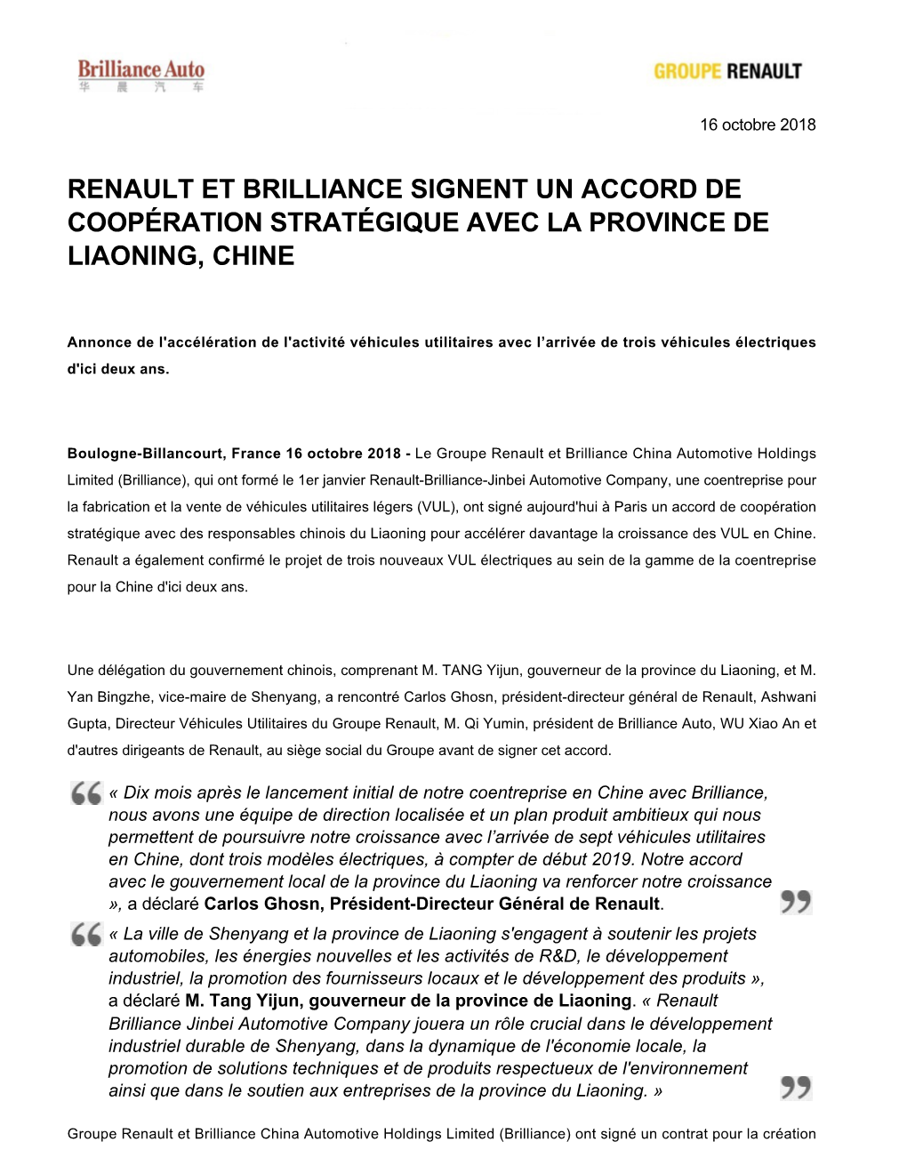 Renault Et Brilliance Signent Un Accord De Coopération Stratégique Avec La Province De Liaoning, Chine