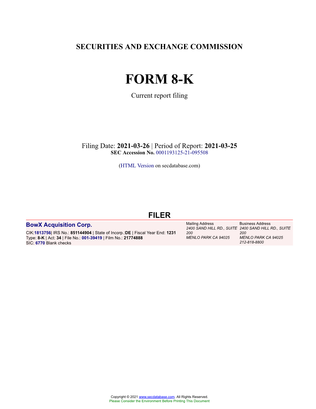 Bowx Acquisition Corp. Form 8-K Current Event Report Filed 2021-03