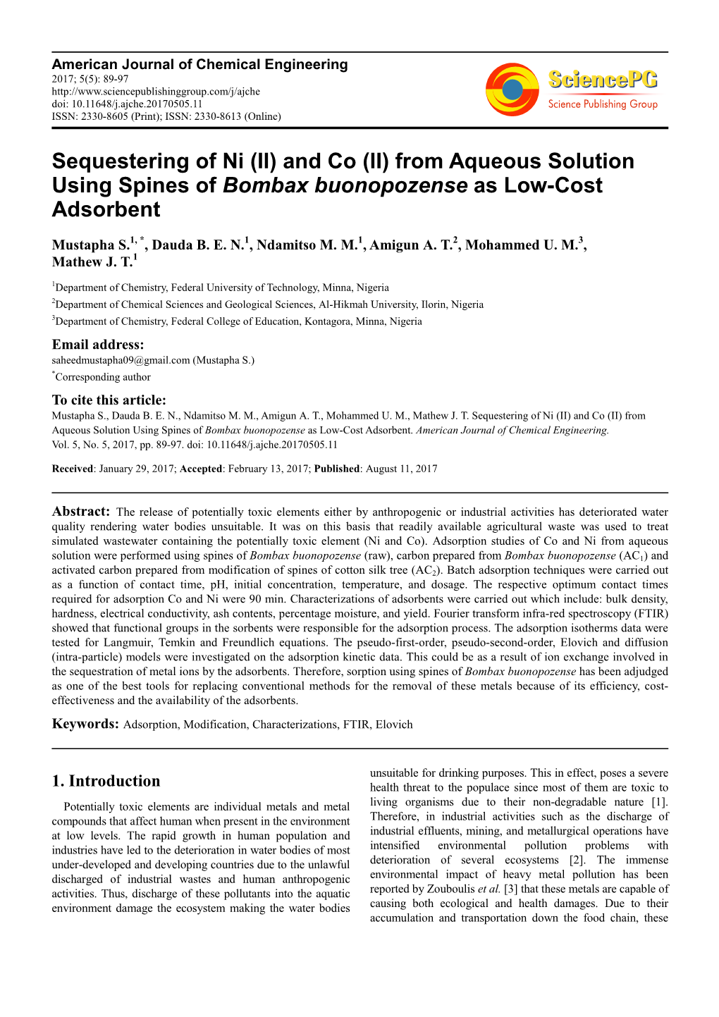 From Aqueous Solution Using Spines of Bombax Buonopozense As Low-Cost Adsorbent