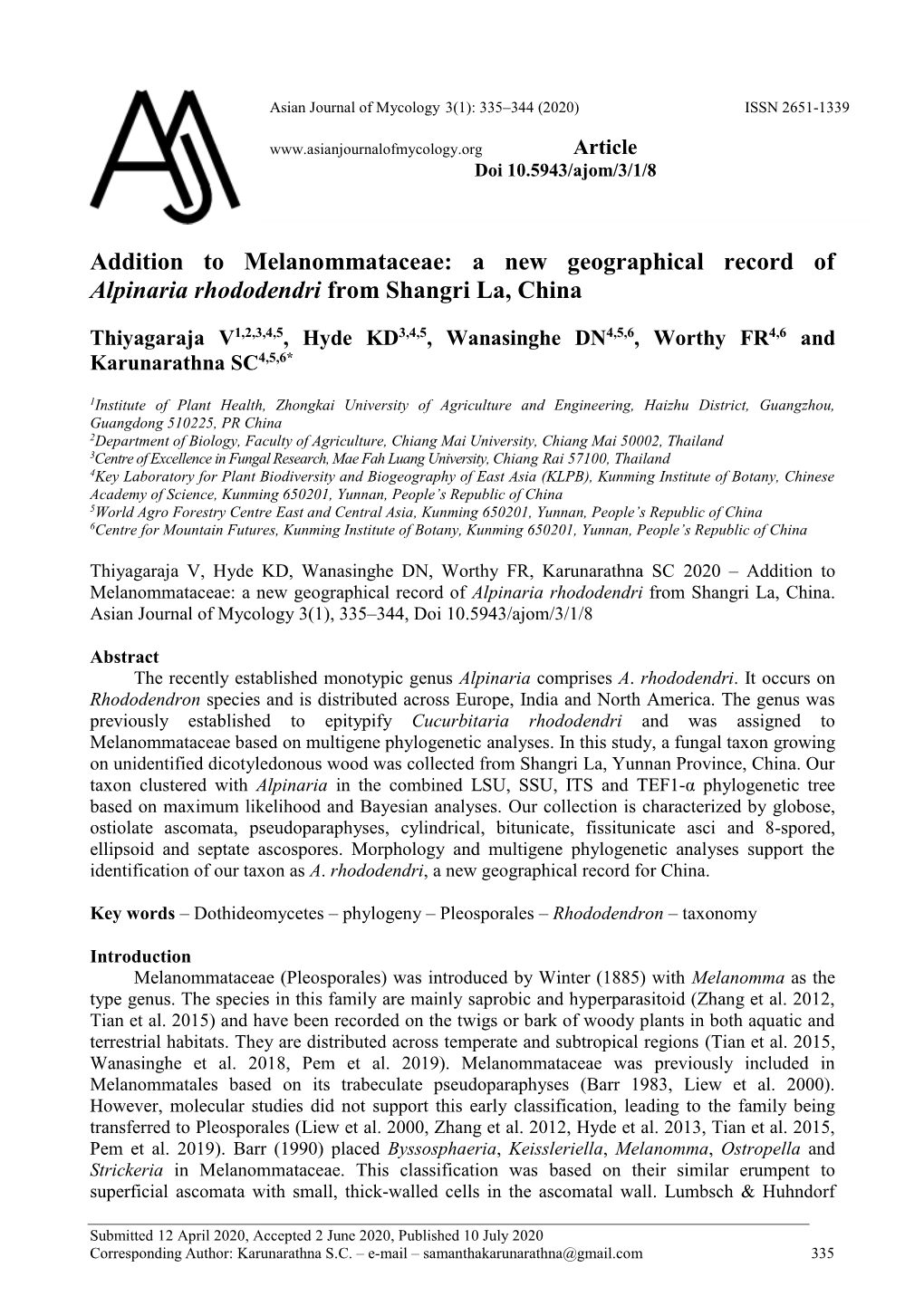 Addition to Melanommataceae: a New Geographical Record of Alpinaria Rhododendri from Shangri La, China