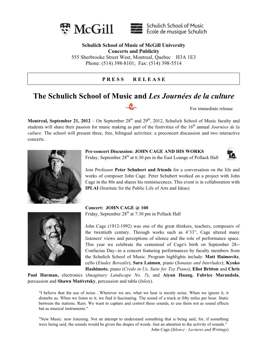 The Schulich School of Music and Les Journées De La Culture