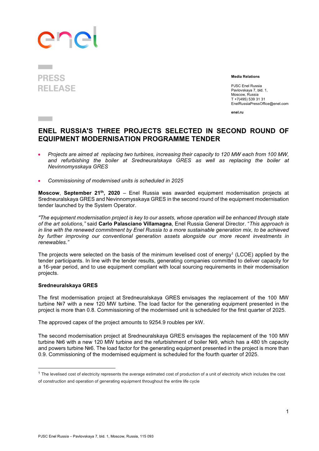 Enel Russia's Three Projects Selected in Second Round of Equipment Modernisation Programme Tender