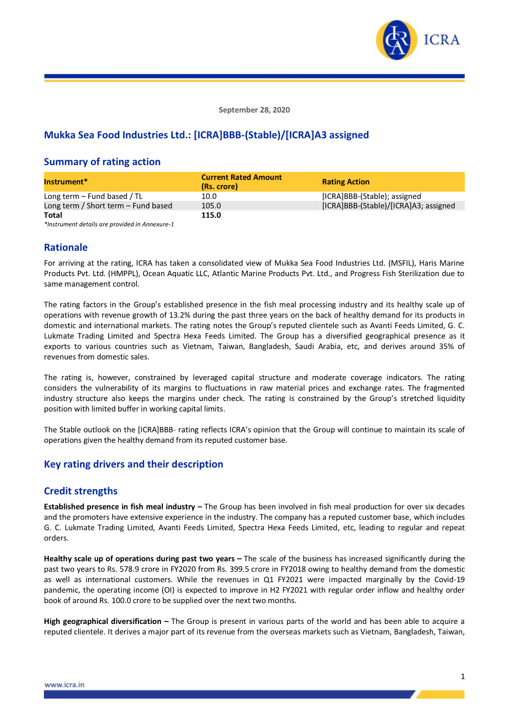 Mukka Sea Food Industries Ltd.: [ICRA]BBB-(Stable)/[ICRA]A3 Assigned
