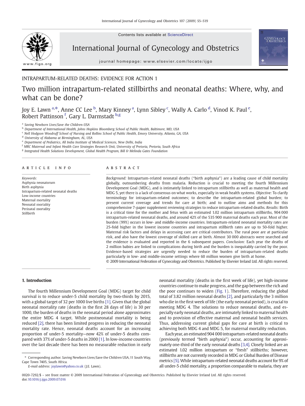 Two Million Intrapartum-Related Stillbirths and Neonatal Deaths: Where, Why, and What Can Be Done?