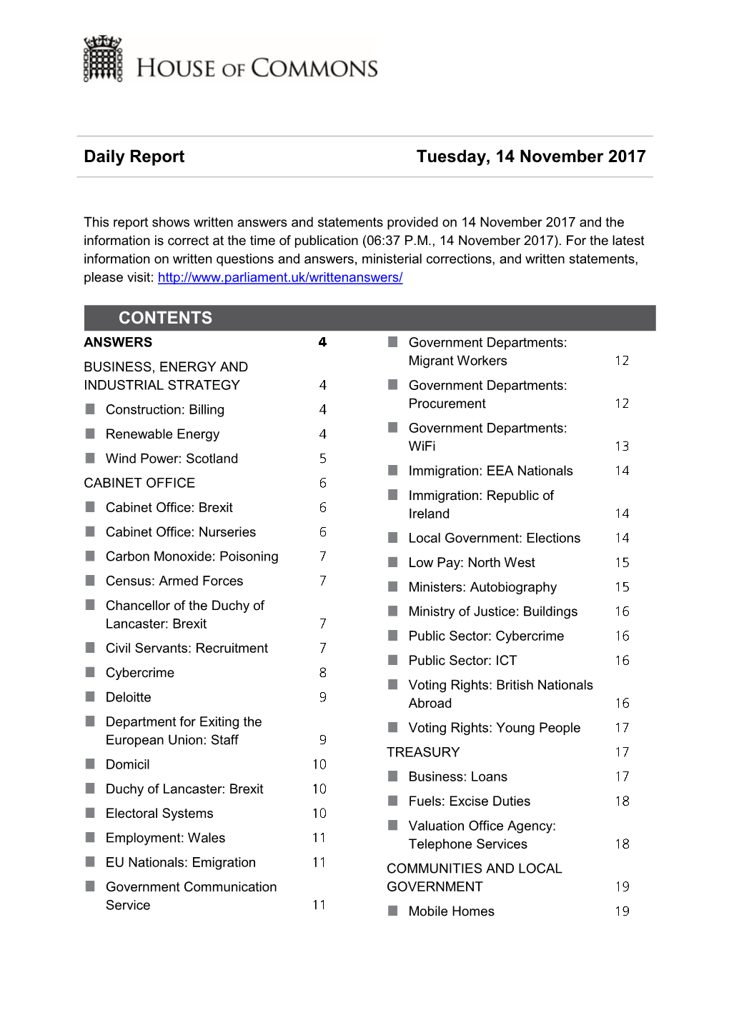 Daily Report Tuesday, 14 November 2017 CONTENTS