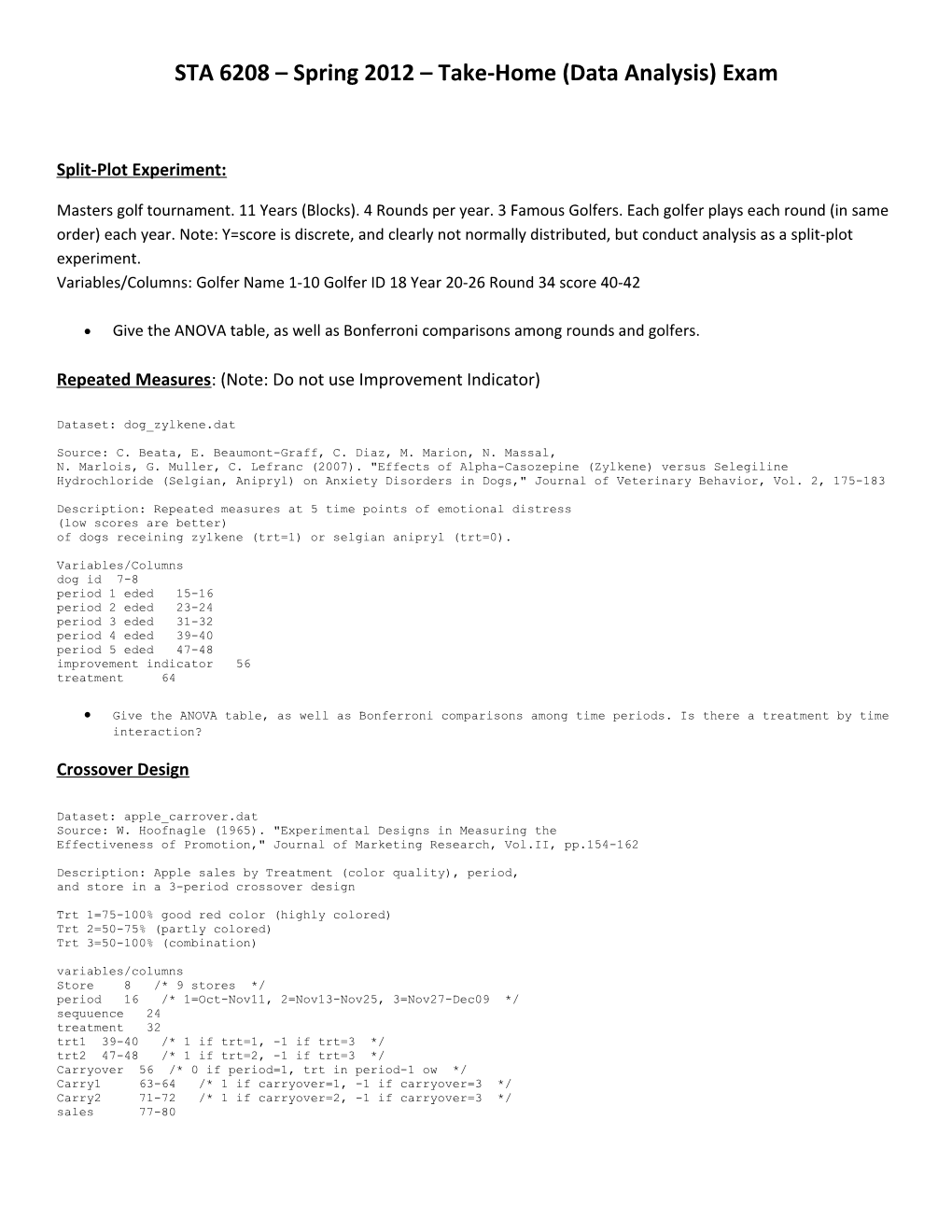 STA 6208 Spring 2012 Take-Home (Data Analysis) Exam