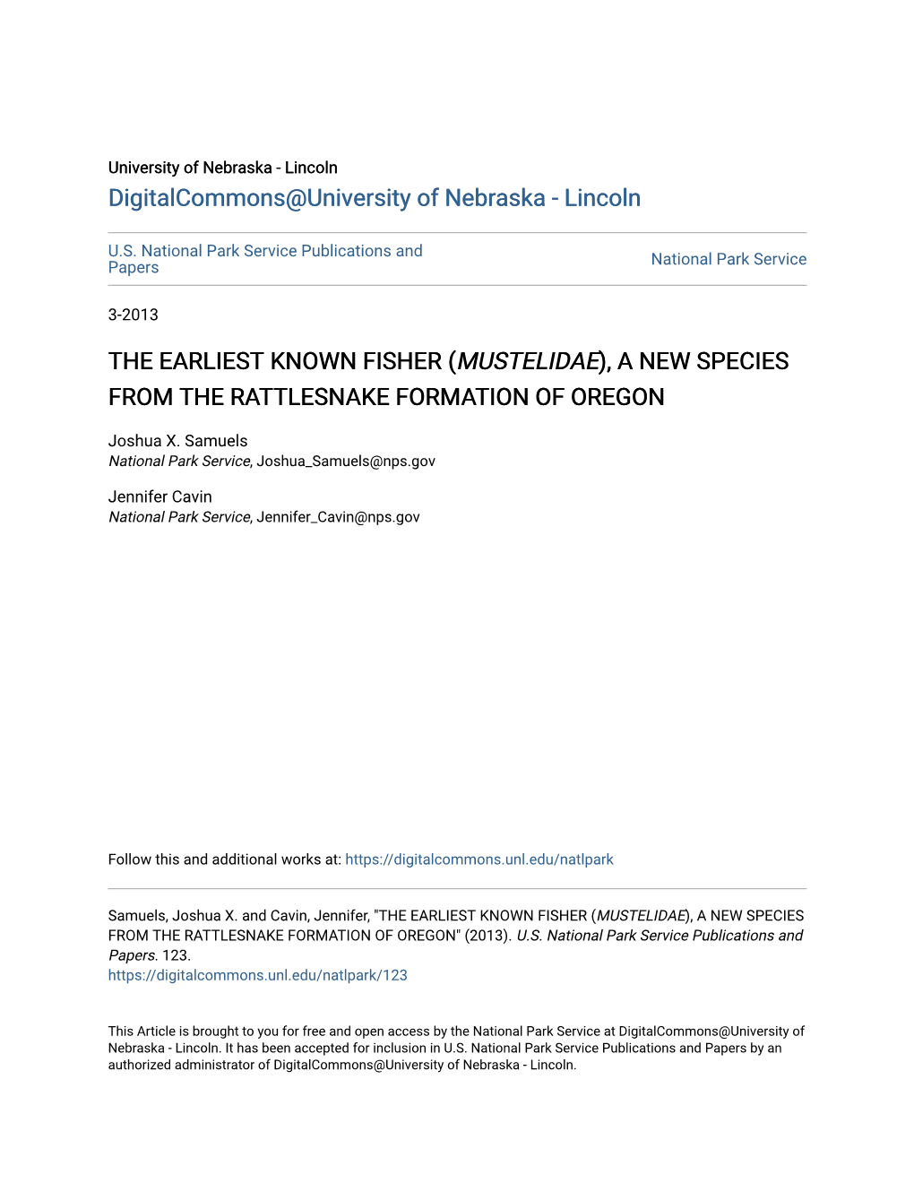 The Earliest Known Fisher (Mustelidae), a New Species from the Rattlesnake Formation of Oregon