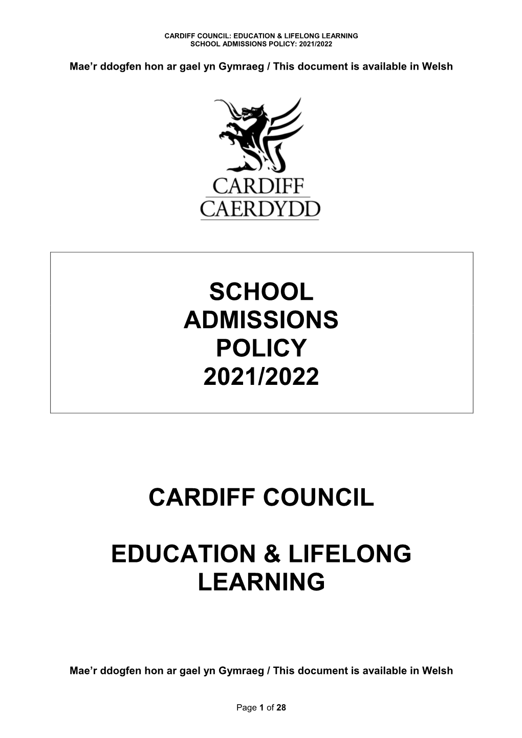 School Admissions Policy 2021/2022 Cardiff Council