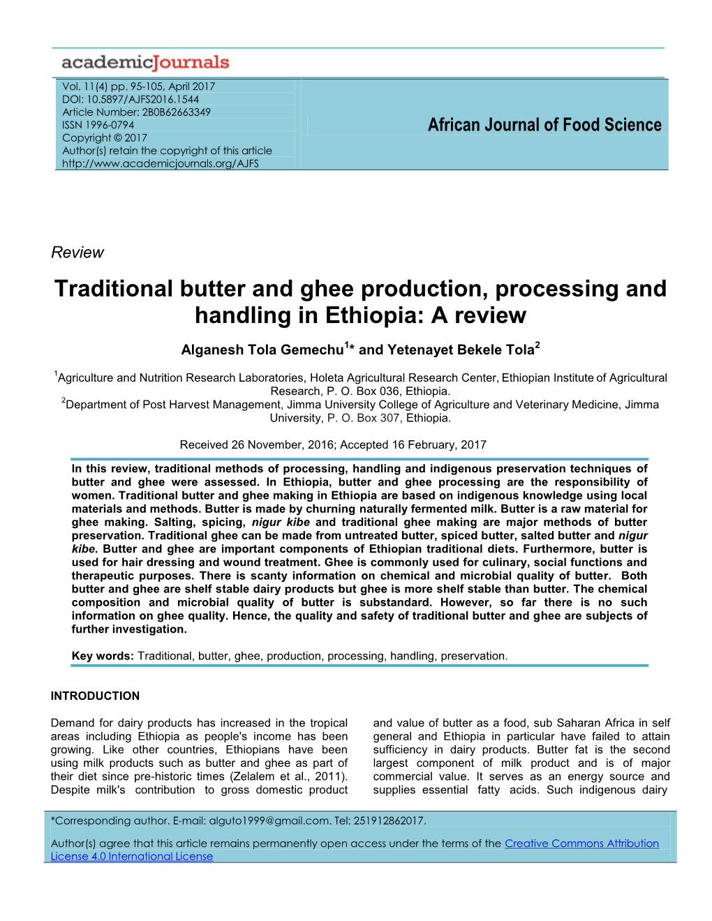 Traditional Butter and Ghee Production, Processing and Handling in Ethiopia: a Review