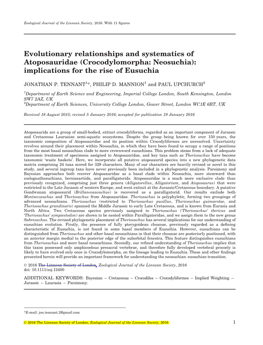 Evolutionary Relationships and Systematics of Atoposauridae (Crocodylomorpha: Neosuchia): Implications for the Rise of Eusuchia