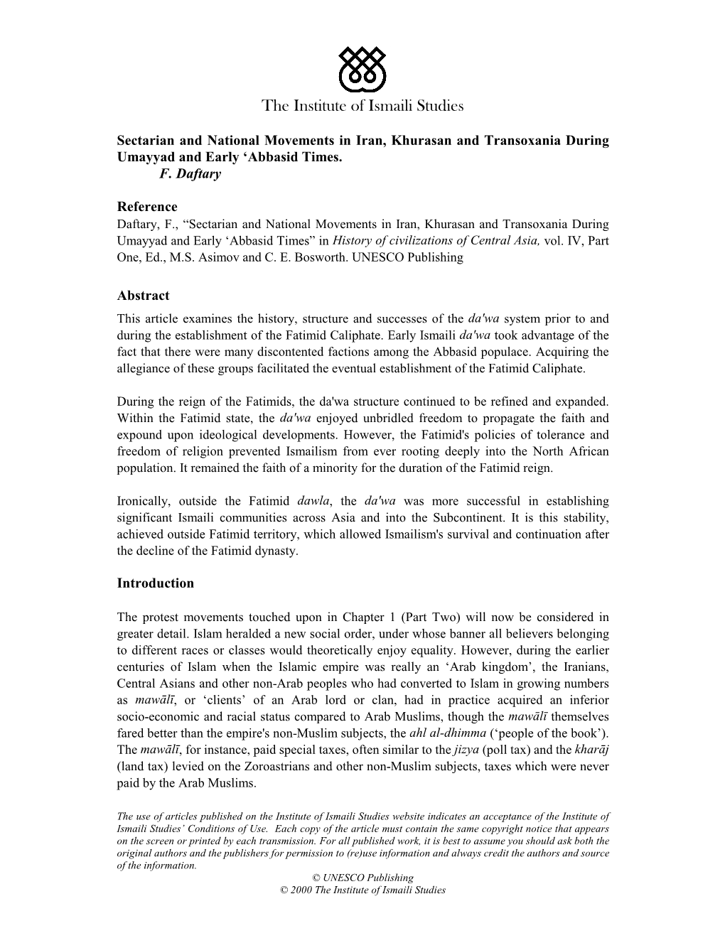 Sectarian and National Movements in Iran, Khurasan and Transoxania During Umayyad and Early ‘Abbasid Times