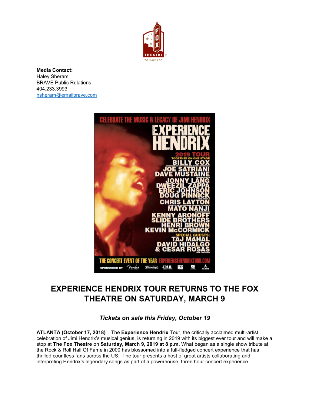 Experience Hendrix Tour Returns to the Fox Theatre on Saturday, March 9