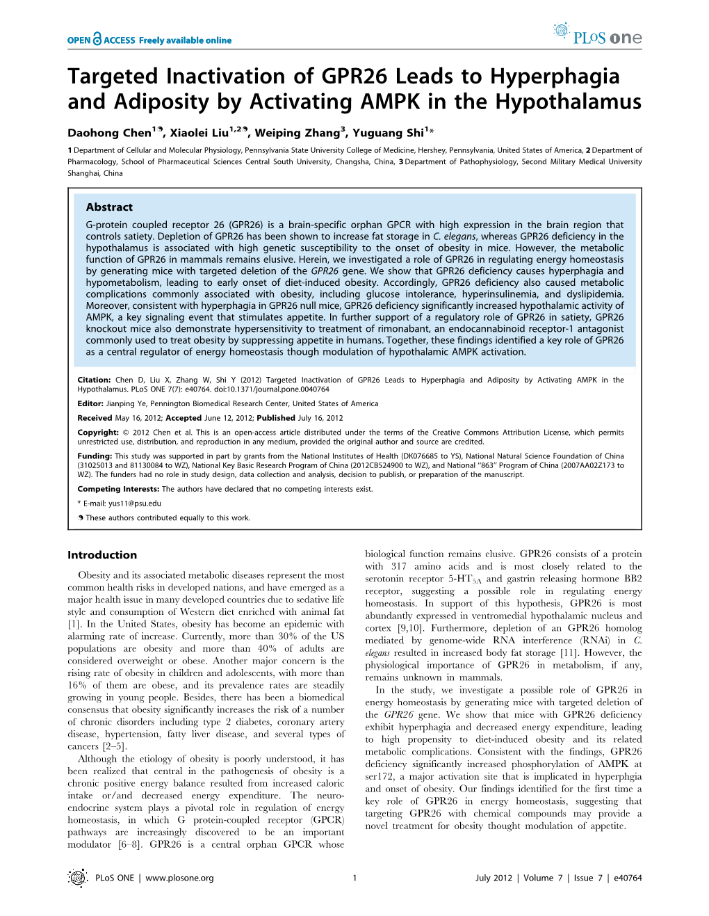 Targeted Inactivation of GPR26 Leads to Hyperphagia and Adiposity by Activating AMPK in the Hypothalamus