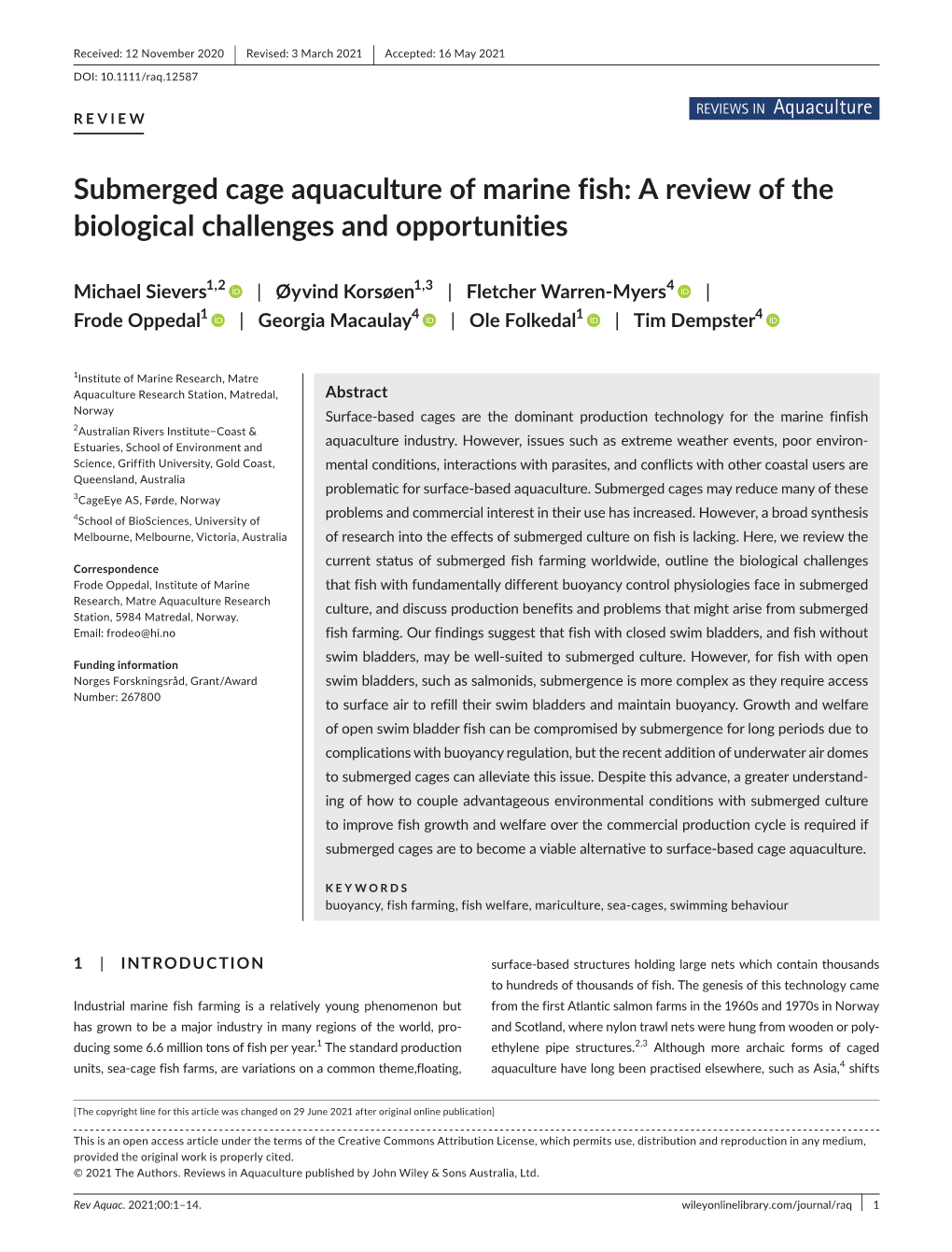 Submerged Cage Aquaculture of Marine Fish: a Review of the Biological Challenges and Opportunities