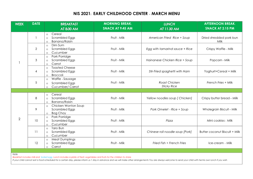 Nis 2021: Early Childhood Center – March Menu