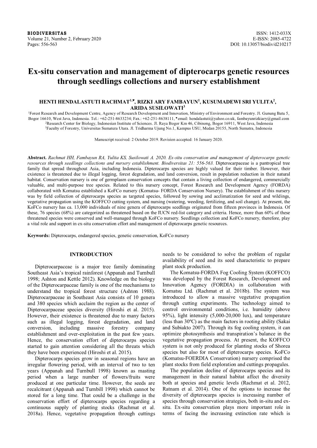 Ex-Situ Conservation and Management of Dipterocarps Genetic Resources Through Seedlings Collections and Nursery Establishment