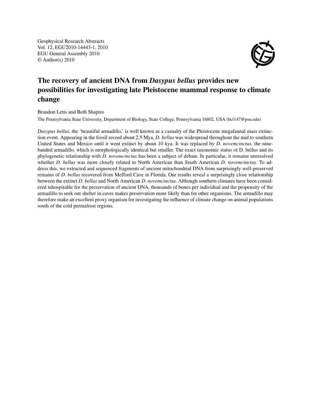 The Recovery of Ancient DNA from Dasypus Bellus Provides New Possibilities for Investigating Late Pleistocene Mammal Response to Climate Change