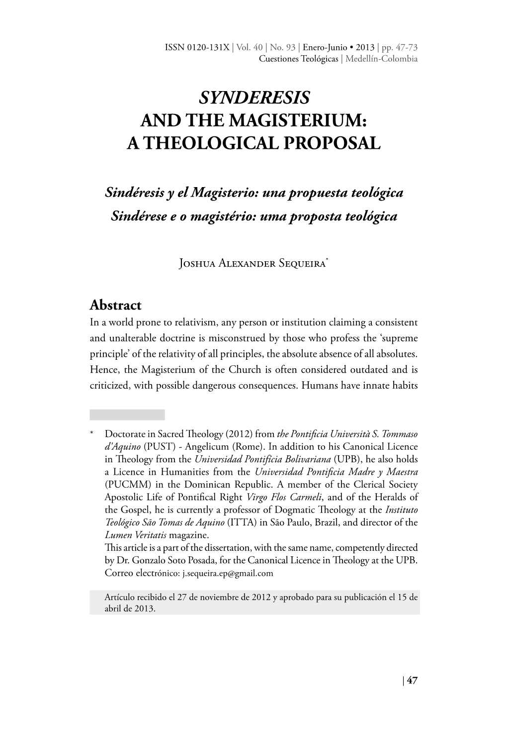 Synderesis and the Magisterium: a Theological Proposal