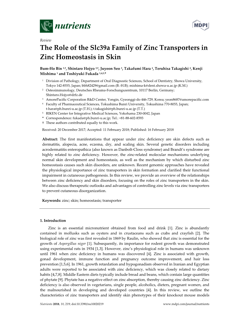 The Role of the Slc39a Family of Zinc Transporters in Zinc Homeostasis in Skin