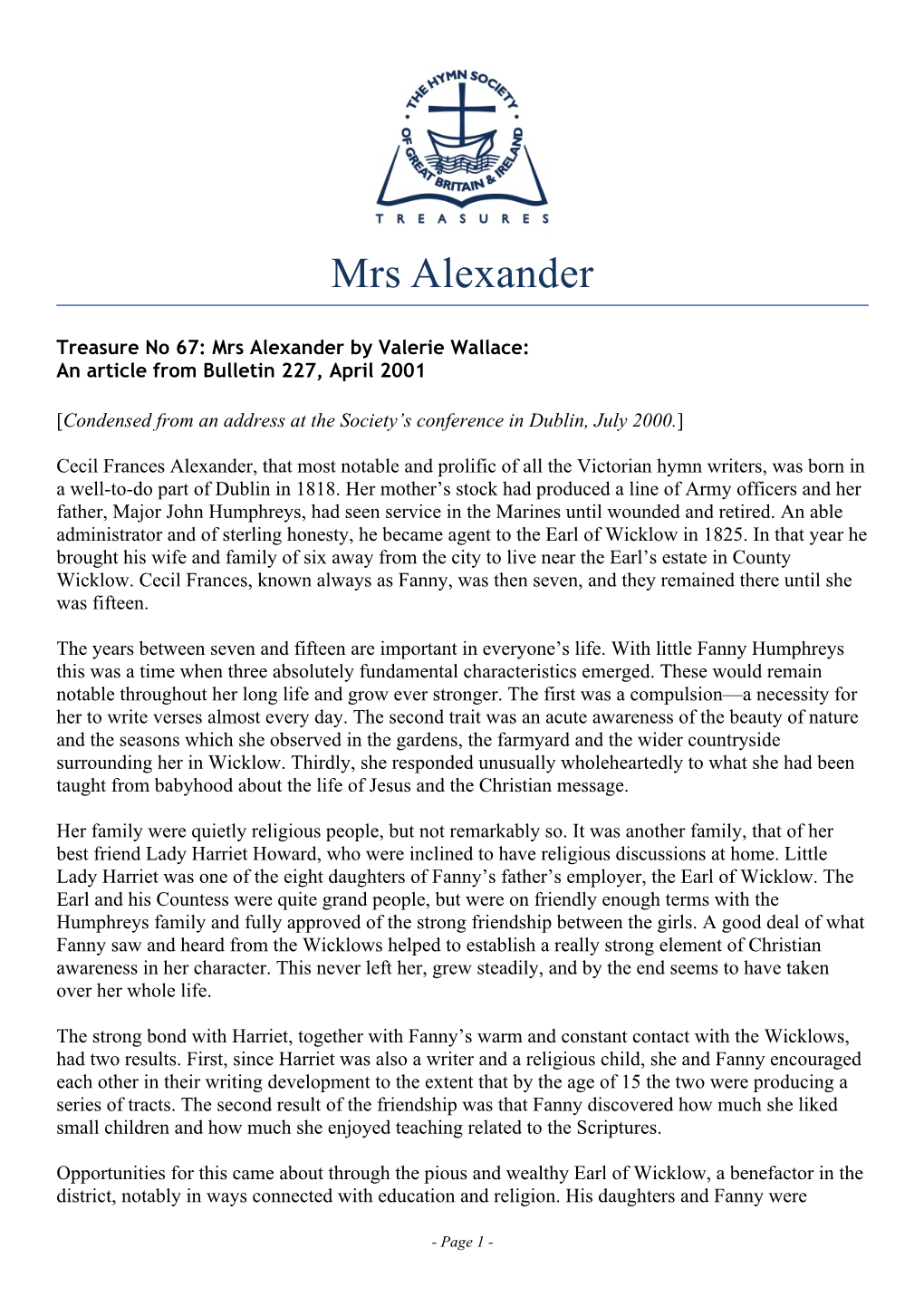 T67 Mrs Alexander