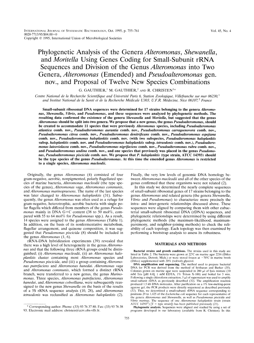 Genera, Alteromonas (Emended) and Pseudoalteromonas Gen. Nov., and Proposal of Twelve New Species Combinations