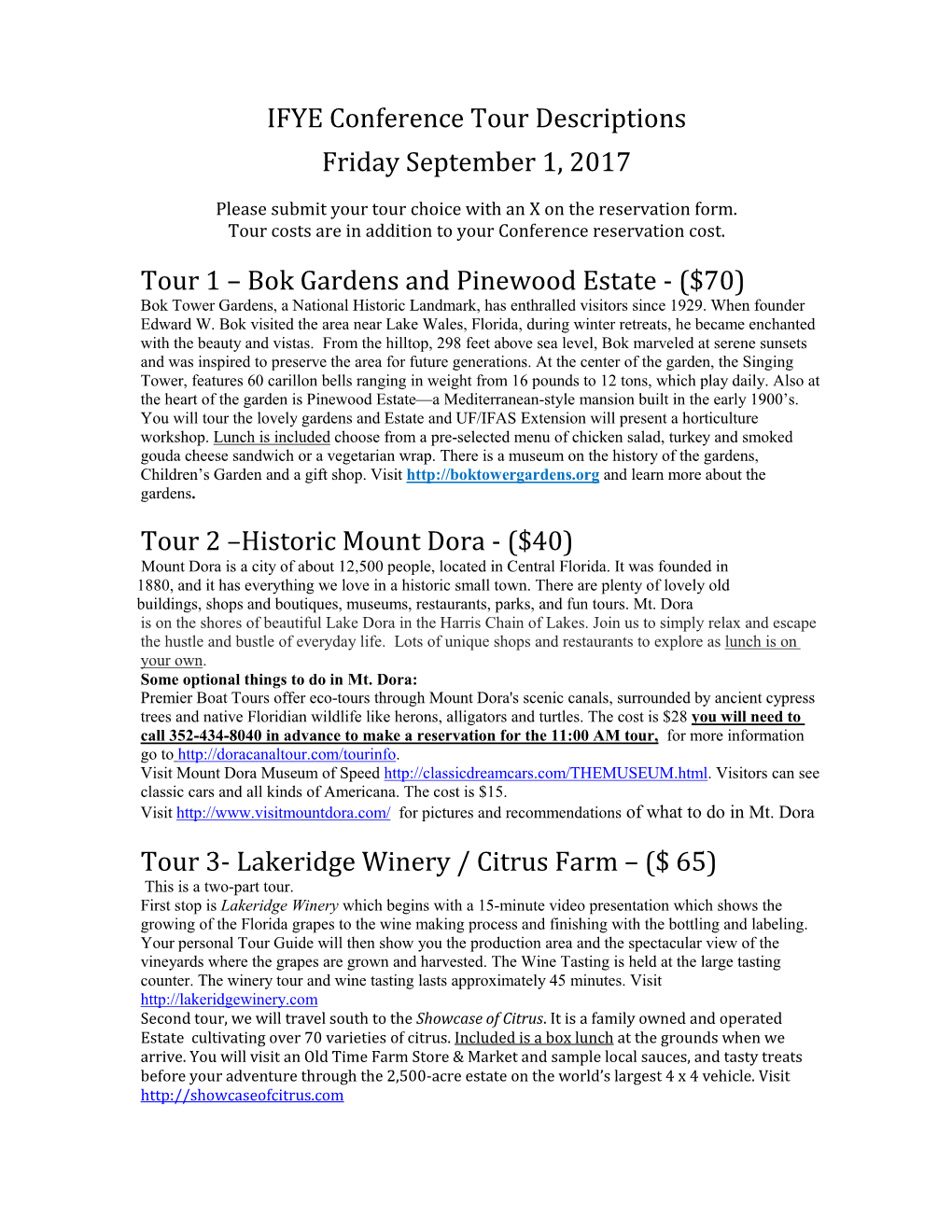 IFYE Conference Tour Descriptions Friday September 1, 2017 Tour