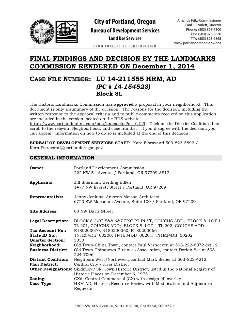 FINAL FINDINGS and DECISION by the LANDMARKS COMMISSION RENDERED on December 1, 2014