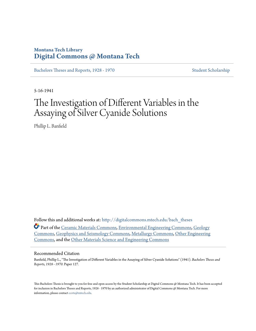 The Investigation of Different Variables in the Assaying of Silver Cyanide Solutions