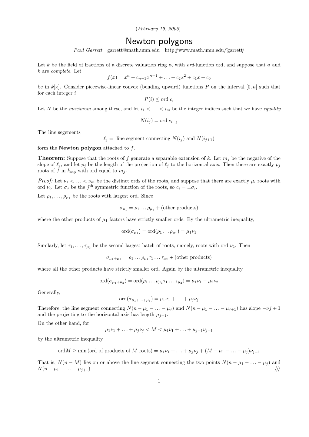 Newton Polygons Paul Garrett Garrett@Math.Umn.Edu