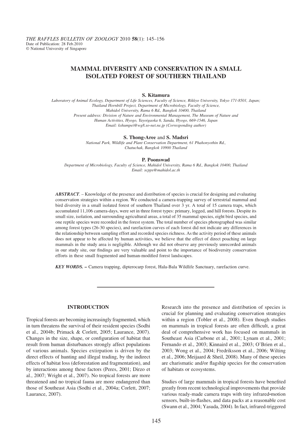 Mammal Diversity and Conservation in a Small Isolated Forest of Southern Thailand