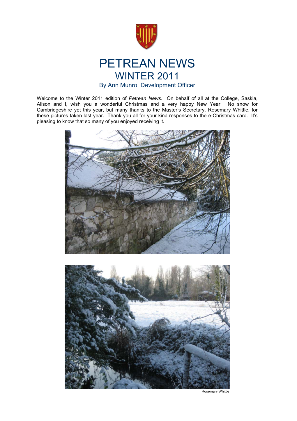 PETREAN NEWS WINTER 2011 by Ann Munro, Development Officer