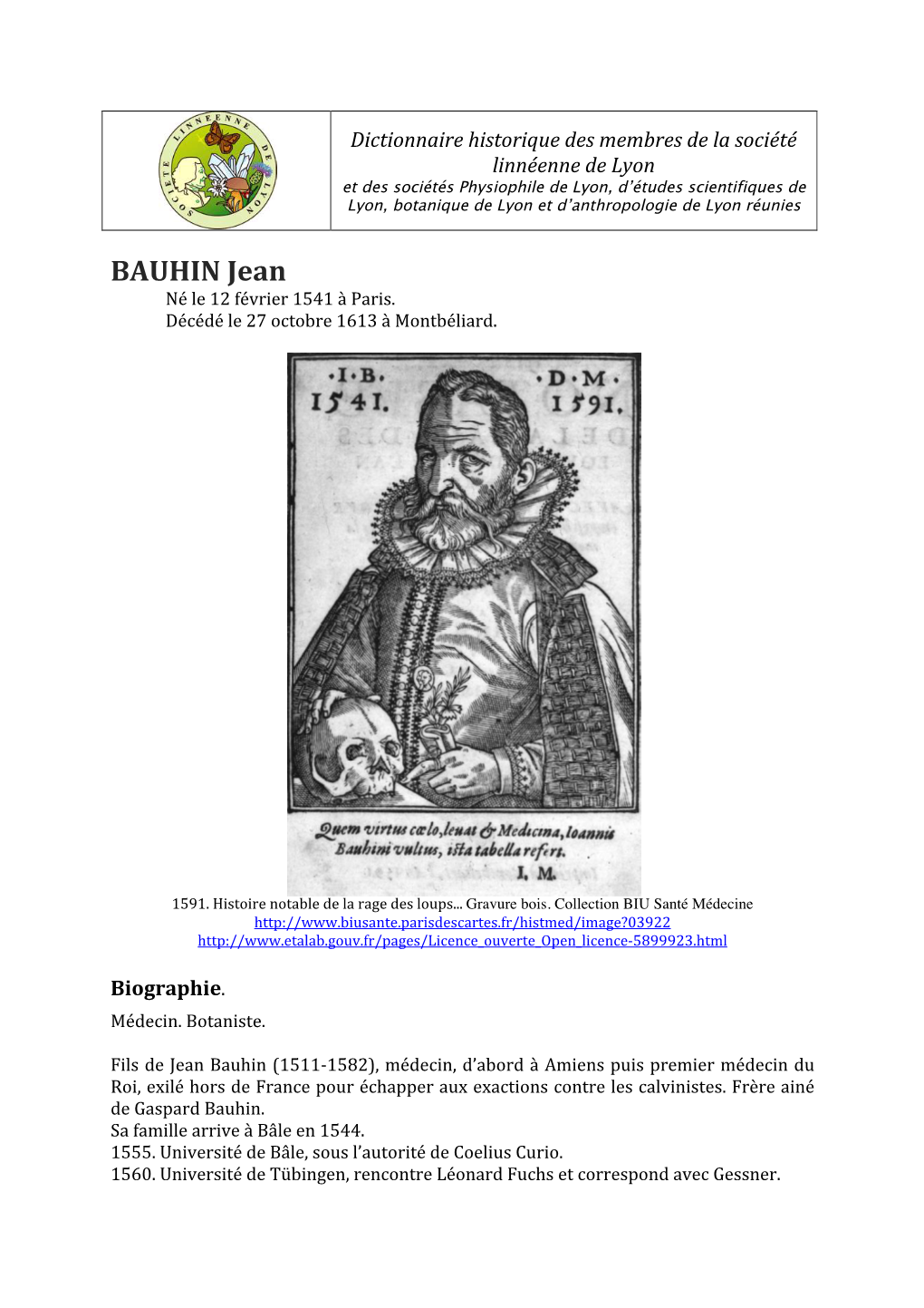 BAUHIN Jean Né Le 12 Février 1541 À Paris