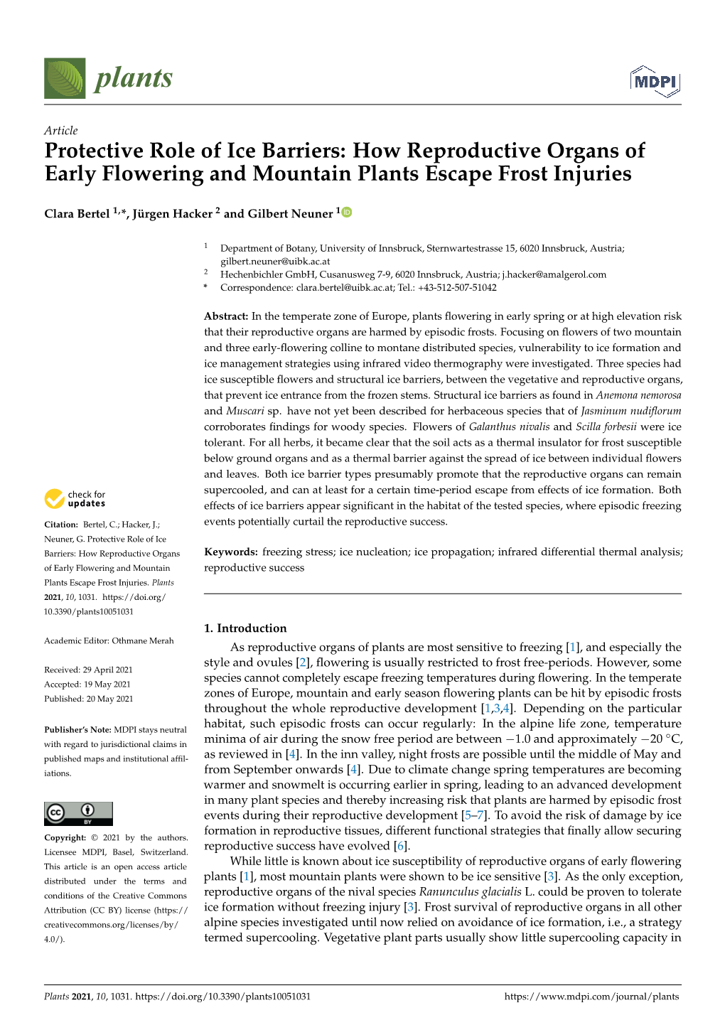 Protective Role of Ice Barriers: How Reproductive Organs of Early Flowering and Mountain Plants Escape Frost Injuries