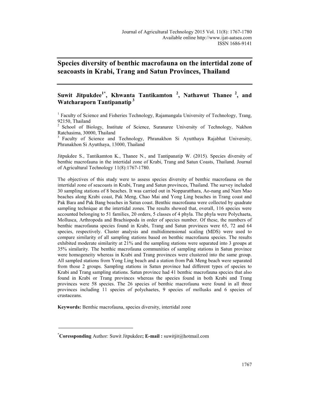 Species Diversity of Benthic Macrofauna in the Intertidal Zone of Krabi, Trang and Satun Coasts, Thailand