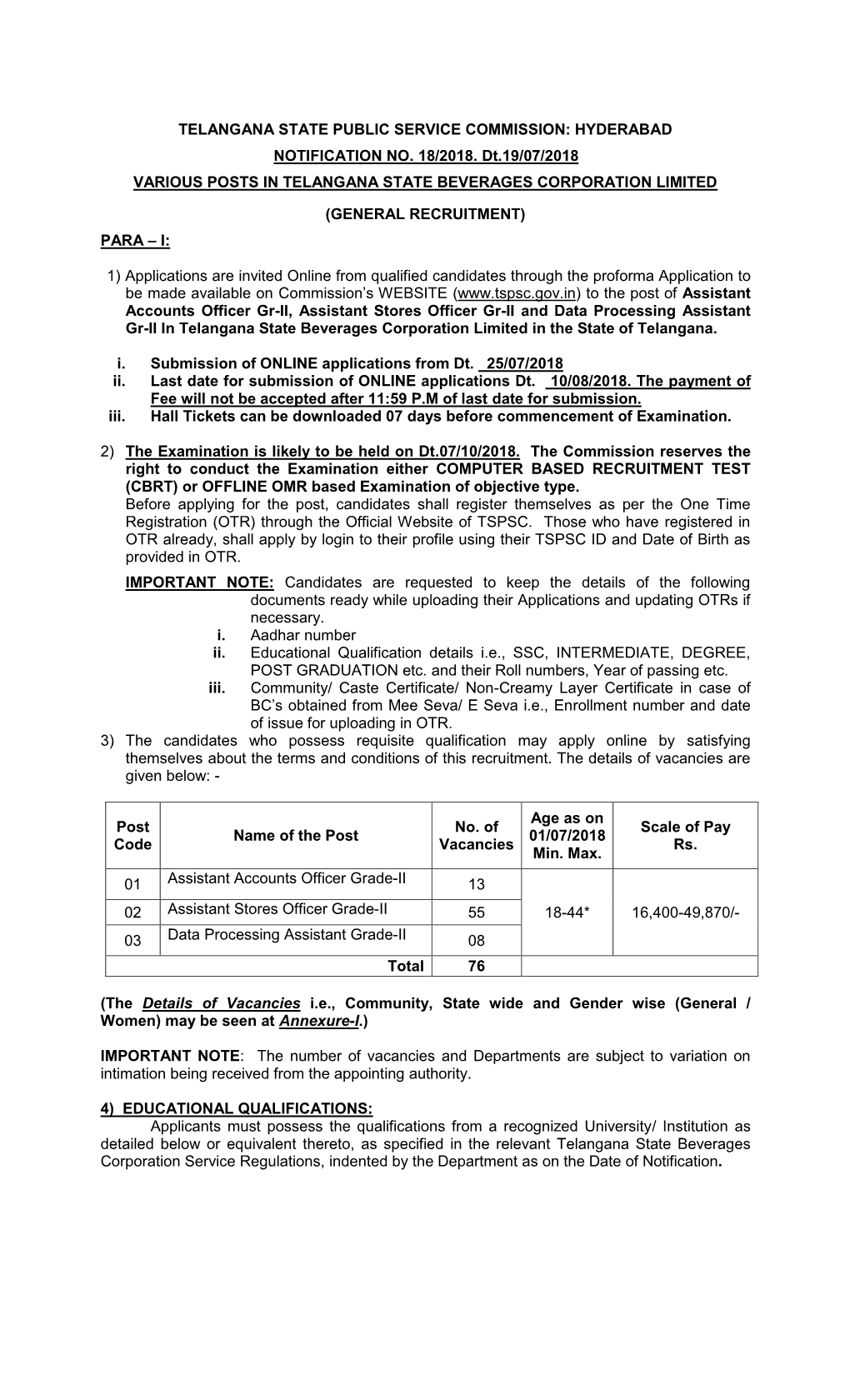 NOTIFICATION NO. 18/2018 , Dt. 19/07/2018 VARIOUS
