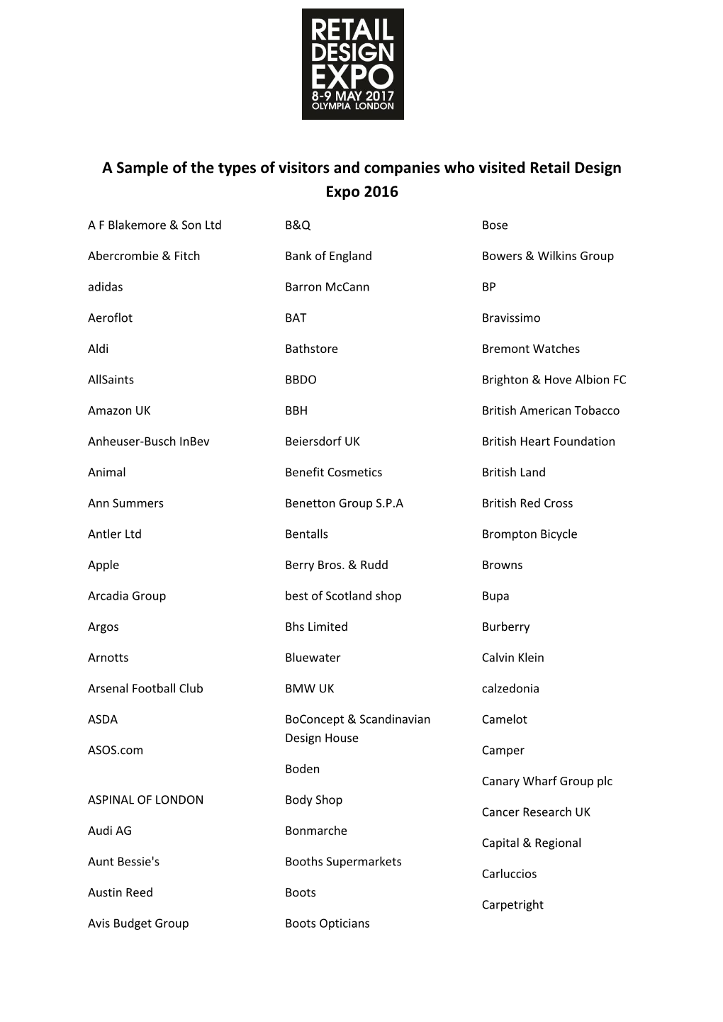 A Sample of the Types of Visitors and Companies Who Visited Retail Design Expo 2016