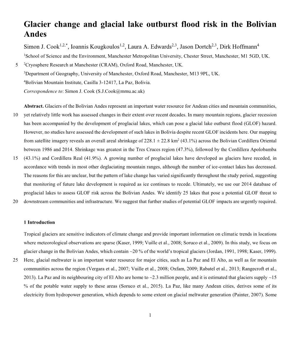 Glacier Change and Glacial Lake Outburst Flood Risk in the Bolivian Andes Simon J