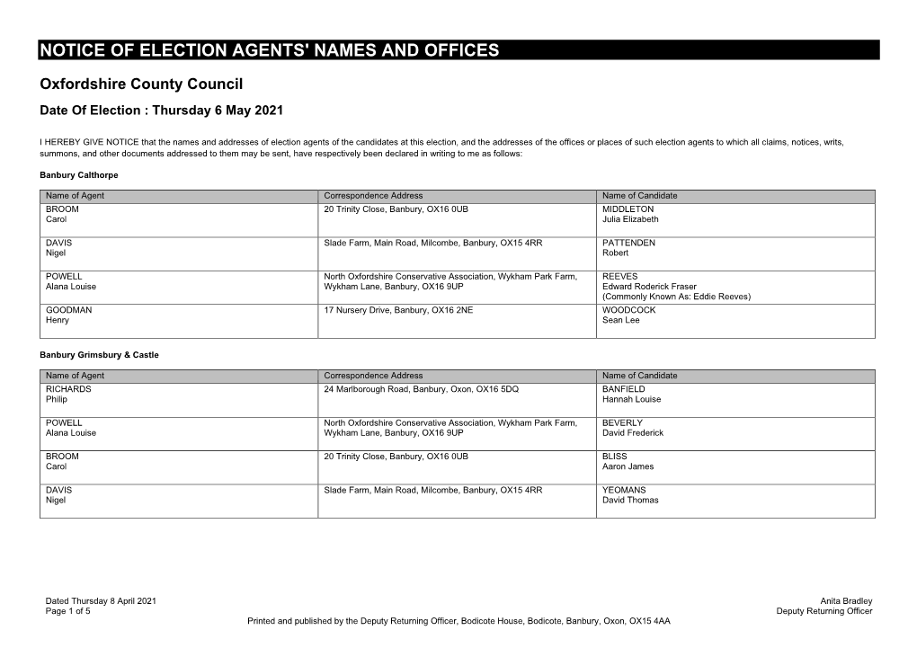 Notice of Election Agents' Names and Offices