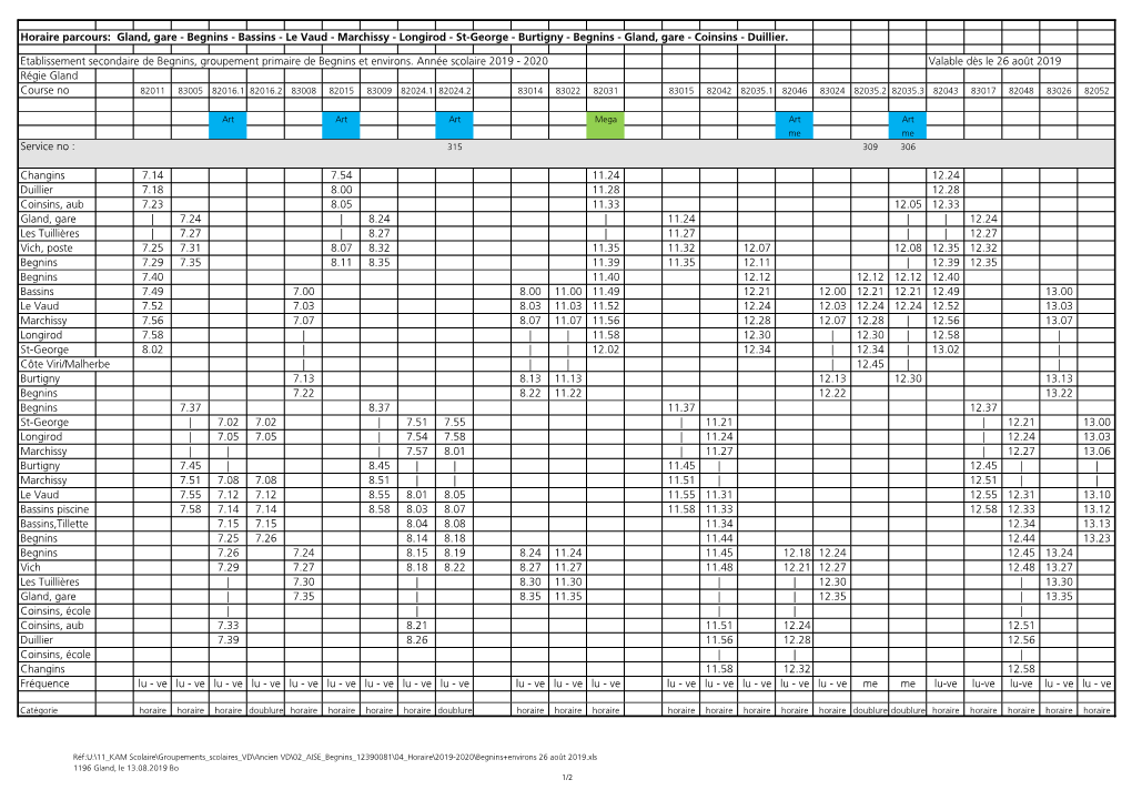 Horaire Parcours: Gland, Gare - Begnins - Bassins - Le Vaud - Marchissy - Longirod - St-George - Burtigny - Begnins - Gland, Gare - Coinsins - Duillier