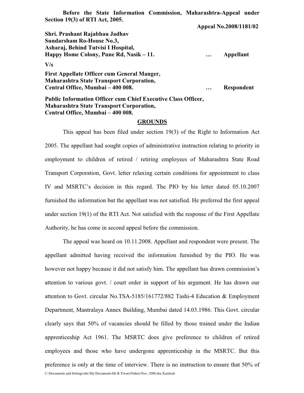 Before the State Information Commission, Maharashtra-Appeal Under Section 19(3) of RTI Act, 2005