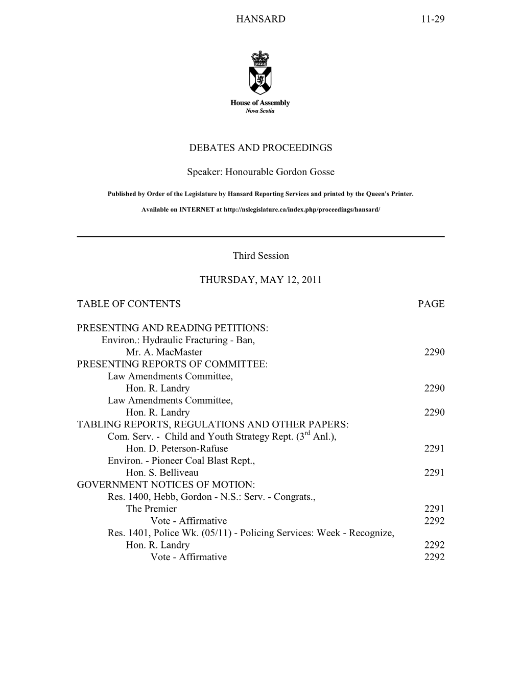 HANSARD 11-29 DEBATES and PROCEEDINGS Speaker