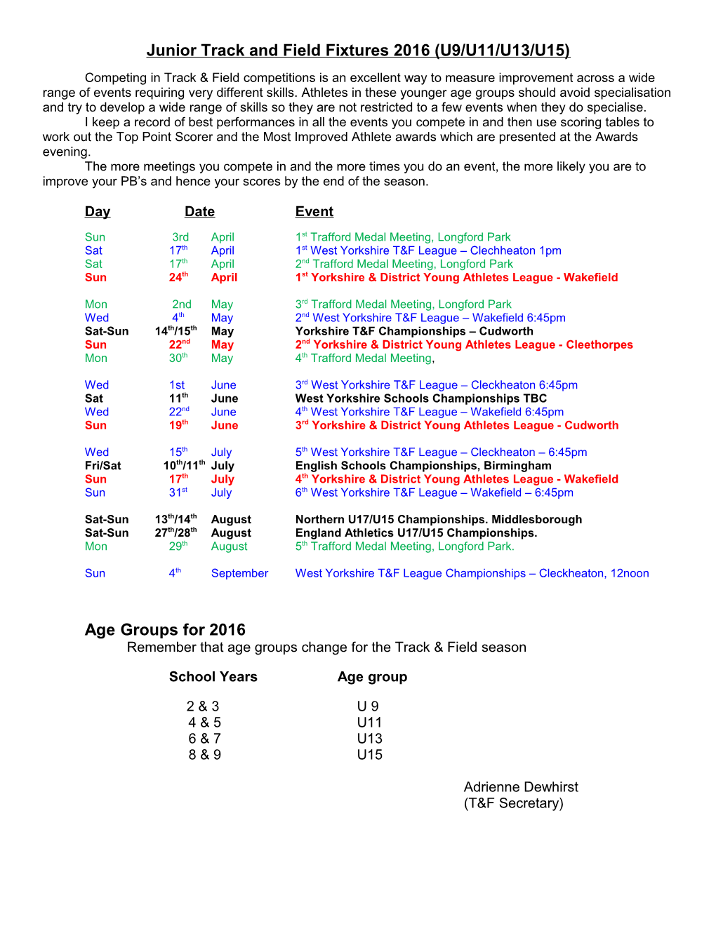 Track and Field Fixtures 2009