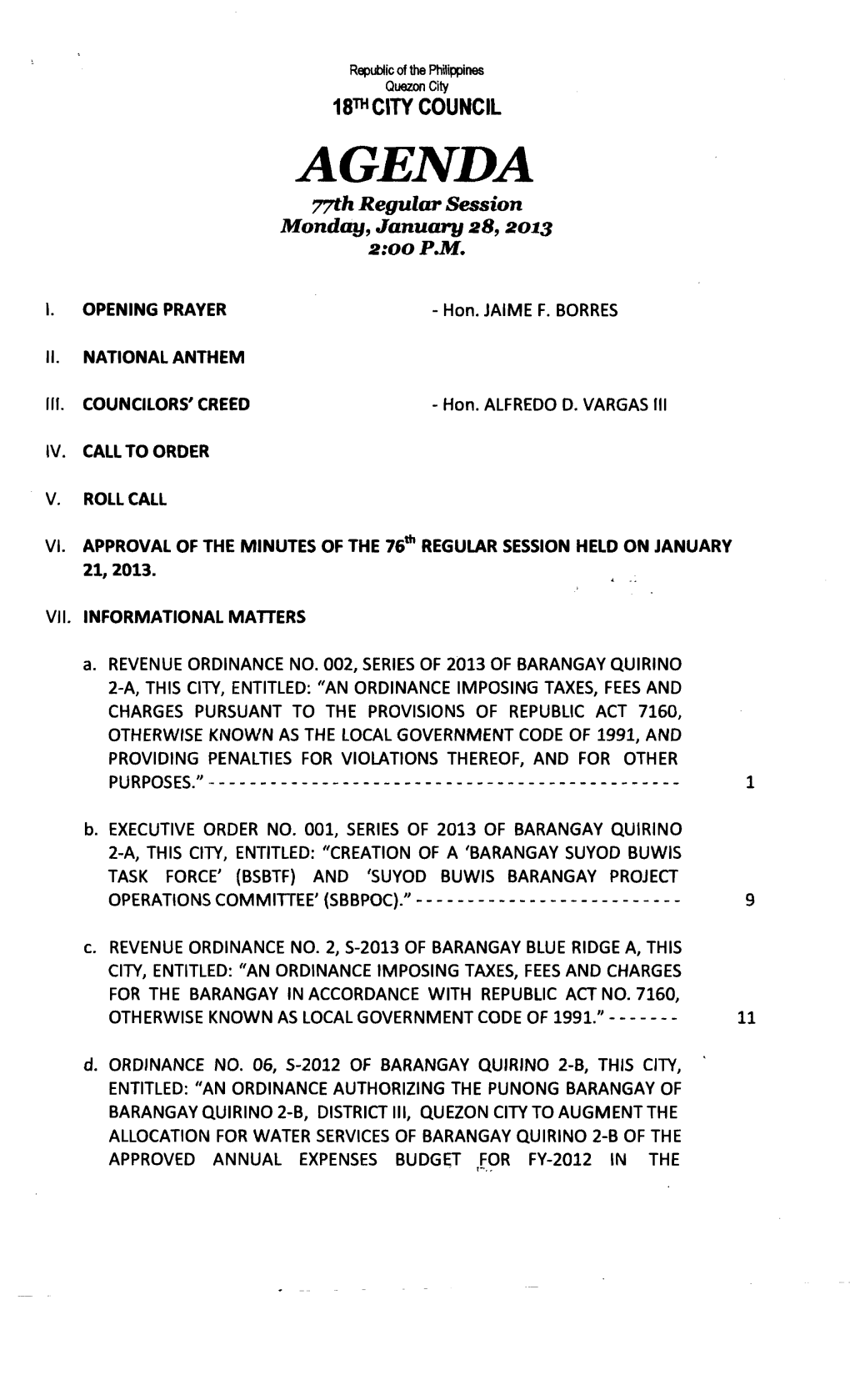 AGENDA 77Th Regularsession Monday, January 28, 2013 2:00P.M